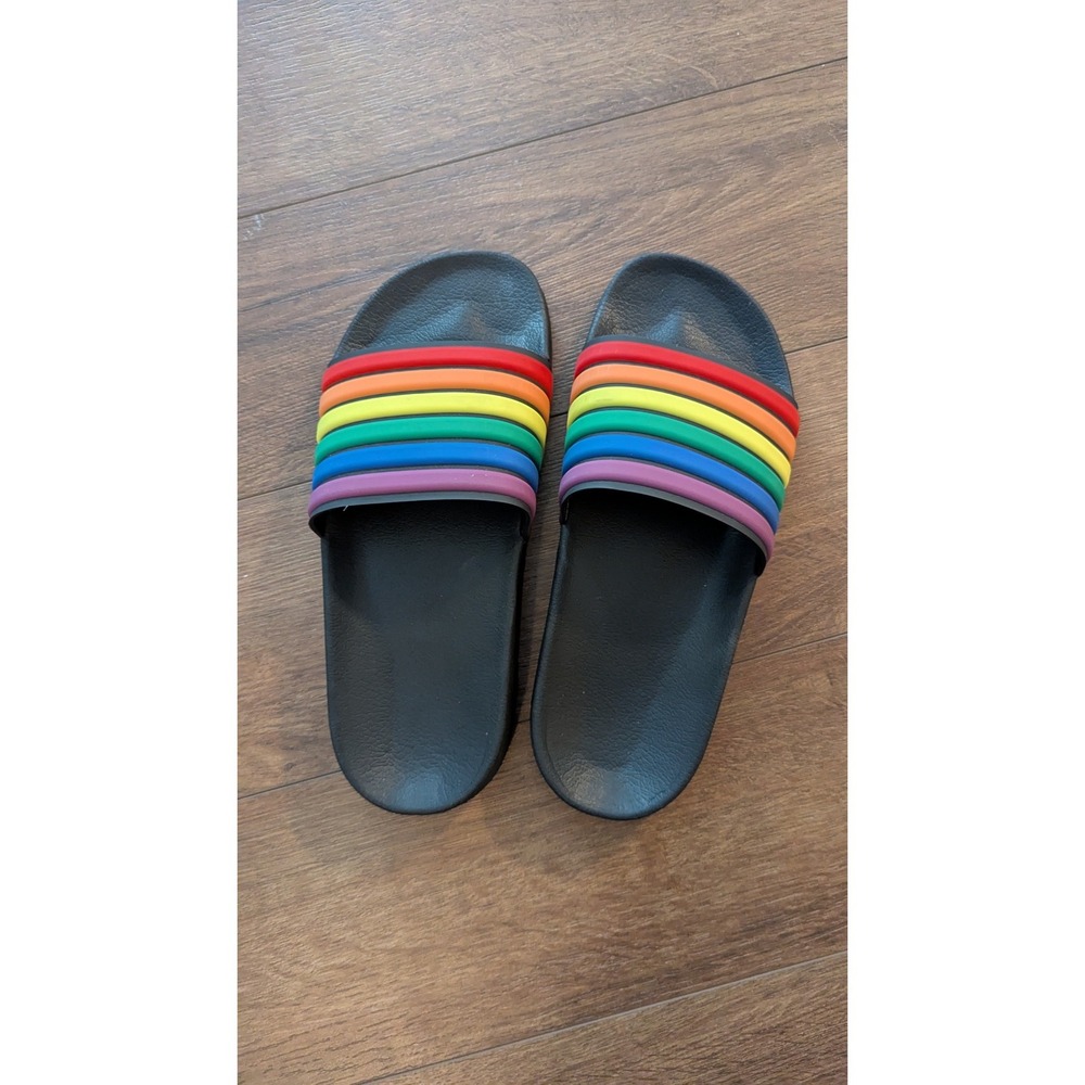 Rainbow Striped Black Slide Sandals Mens 7/8 Womens 9/10 Pride Summer Beach Shoe